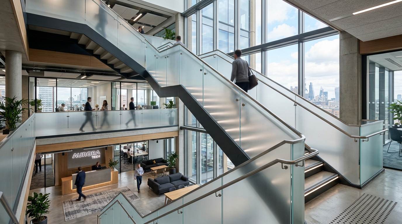 Modern kurumsal ofis iç mimari buzlu şeffaf polikarbon merdiven korkuluğu